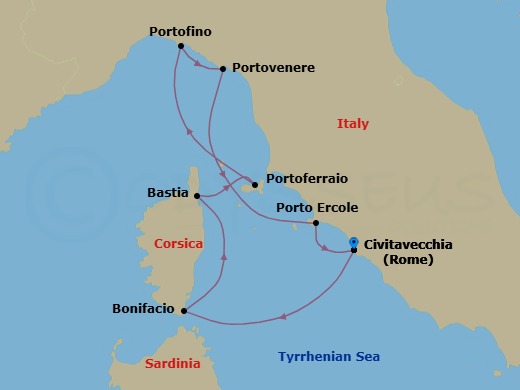 7 Night - Cruise Roundtrip from Rome (Civitavecchia) - SeaDream II - Starting in Rome (Civitavecchia), Bonifacio, Corsica, Bastia, Corsica, Portoferraio, Elba, Portofino, Porto Venere (Cinque Terre), Porto Ercole, Rome (Civitavecchia) itinerary map