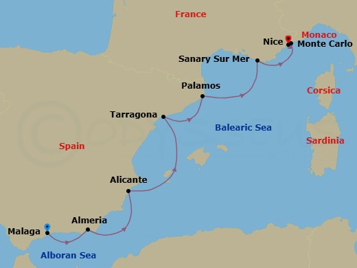 7 Night - Cruise from Malaga to Nice - SeaDream II - Starting in Malaga, Almeria, Alicante, Tarragona, Palamos, Sanary-sur-mer, Monte Carlo, Nice itinerary map