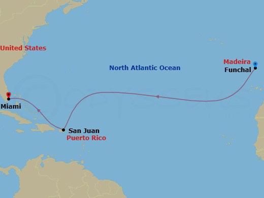 10 Night - Msc Grand Voyages - MSC Grandiosa - Starting in Funchal (Madeira Islands), Portugal, San Juan, Puerto Rico, Miami, Florida itinerary map