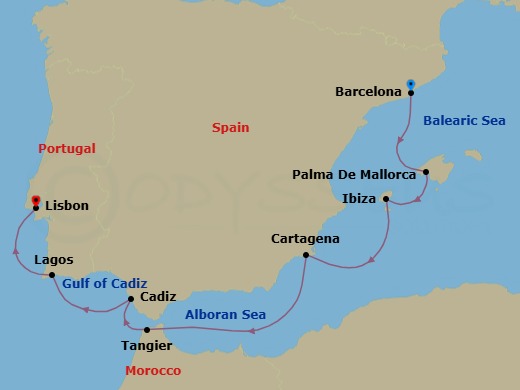 8 Night - Cruise from Barcelona to Lisbon - SeaDream II - Starting in Barcelona, Palma de Mallorca, Balearic Islands, Ibiza, Balearic Islands, Cartagena ES, Sailing the Alboran Sea, Tangier, Cadiz, Lagos, Lisbon itinerary map