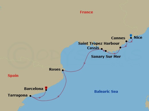 7 Night - Cruise from Nice to Barcelona - SeaDream II - Starting in Nice, Cannes, St Tropez, Sanary-sur-mer, Cassis, Roses, Costa Brava, Tarragona, Barcelona itinerary map