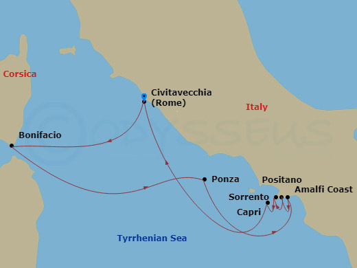 7 Night - Cruise Roundtrip from Rome (Civitavecchia) - SeaDream II - Starting in Rome (Civitavecchia), Bonifacio, Corsica, Ponza, Amalfi, Positano, Sorrento, Capri, Rome (Civitavecchia) itinerary map