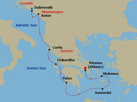 7 Night - Cruise from Dubrovnik to Athens (Piraeus) - SeaDream II - Starting in Dubrovnik, Croatia, Kotor, Corfu, Fiskardo, Cephalonia, Pylos, Navarino Bay, Santorini, Mykonos, Athens (Piraeus) itinerary map