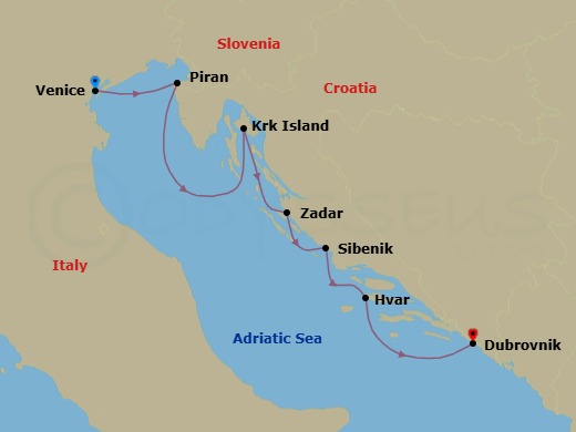 7 Night - Cruise from Venice to Dubrovnik - SeaDream II - Starting in Venice, Piran, Krk, Zadar, Sibenik, Hvar, Dubrovnik, Old Town, Dubrovnik, Croatia itinerary map