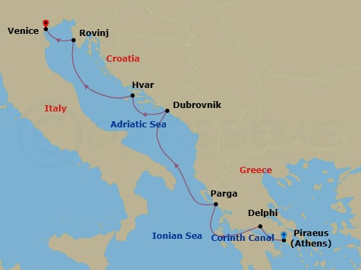 7 Night - Cruise from Athens (Piraeus) to Venice - SeaDream II - Starting in Athens (Piraeus), Corinth Canal Transit, Galaxidi (Delphi), Parga, Dubrovnik, Old Town, Hvar, Rovinj, Venice itinerary map