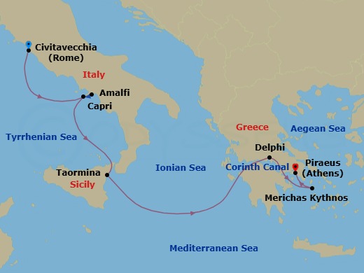 7 Night - Cruise from Rome (Civitavecchia) to Athens (Piraeus) - SeaDream II - Starting in Rome (Civitavecchia), Amalfi, Capri, Taormina (Mount Etna) Sicily, Galaxidi (Delphi), Corinth Canal Transit, Kythnos, Athens (Piraeus) itinerary map