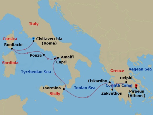 10 Night - Cruise from Rome (Civitavecchia) to Athens (Piraeus) - SeaDream II - Starting in Rome (Civitavecchia), Bonifacio, Corsica, Ponza, Capri, Amalfi, Taormina (Mount Etna) Sicily, Sailing the Ionian Sea, Fiskardo, Cephalonia, Zakynthos, Galaxidi (Delphi), Corinth Canal Transit, Athens (Piraeus) itinerary map