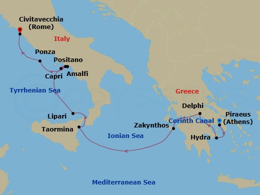 11 Night - Cruise from Athens (Piraeus) to Rome (Civitavecchia) - SeaDream II - Starting in Athens (Piraeus), Hydra, Corinth Canal Transit, Galaxidi (Delphi), Zakynthos, Sailing the Ionian Sea, Taormina (Mount Etna) Sicily, Lipari, Aeolian Islands, Capri, Amalfi, Positano, Ponza, Rome (Civitavecchia) itinerary map