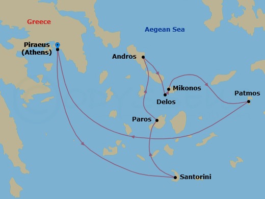 7 Night - Cruise Roundtrip from Athens (Piraeus) - SeaDream II - Starting in Athens (Piraeus), Santorini, Paros, Andros, Delos, Cyclades, Mykonos, Patmos, Athens (Piraeus) itinerary map