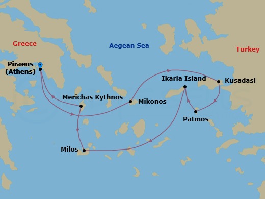 7 Night - Cruise Roundtrip from Athens (Piraeus) - SeaDream II - Starting in Athens (Piraeus), Mykonos, Kusadasi (Ephesus), Patmos, Ikaria, Milos, Kythnos, Athens (Piraeus) itinerary map