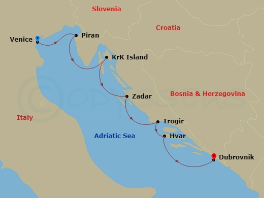 7 Night - Cruise from Venice to Dubrovnik - SeaDream II - Starting in Venice, Piran, Krk, Zadar, Trogir, Hvar, Dubrovnik, Old Town, Dubrovnik, Croatia itinerary map