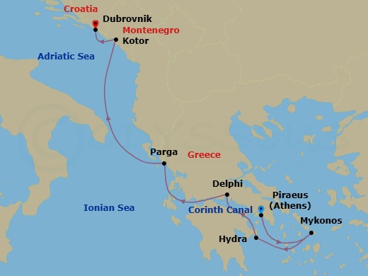 7 Night - Cruise from Athens (Piraeus) to Dubrovnik - SeaDream II - Starting in Athens (Piraeus), Mykonos, Hydra, Corinth Canal Transit, Galaxidi (Delphi), Parga, Kotor, Dubrovnik, Old Town, Dubrovnik, Croatia itinerary map