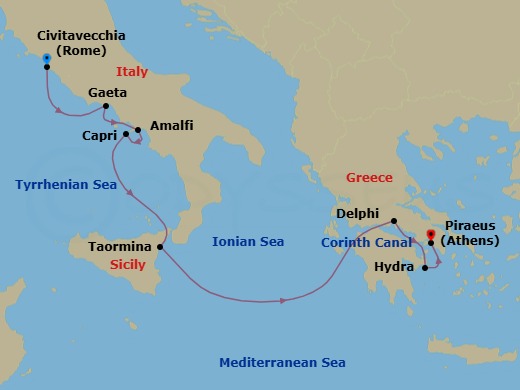 8 Night - Cruise from Rome (Civitavecchia) to Athens (Piraeus) - SeaDream II - Starting in Rome (Civitavecchia), Gaeta, Amalfi, Capri, Taormina (Mount Etna) Sicily, Sailing the Ionian Sea, Galaxidi (Delphi), Corinth Canal Transit, Hydra, Athens (Piraeus) itinerary map