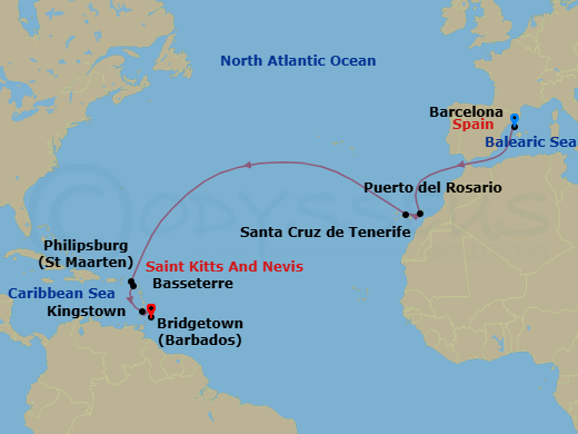 14 Night - Msc Grand Voyages - MSC World Europa - Starting in Barcelona, Spain, Puerto Del Rosario / Fuerteventura, Spain, Santa Cruz de Tenerife, Philipsburg, St Maarten, Basseterre, St Kitts and Nevis, Kingstown, St Vincent and the Grenadines, Bridgetown, Barbados itinerary map
