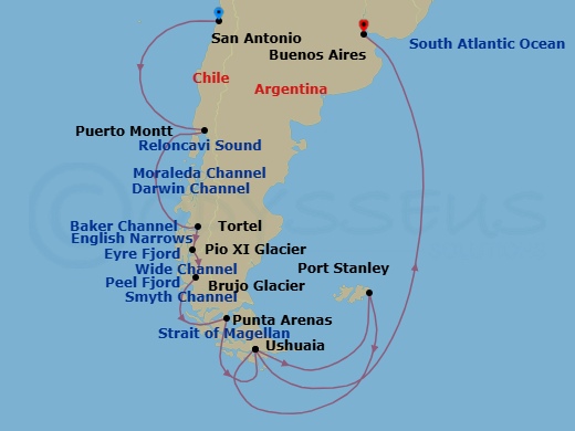 30 Night - Chilean Fjords, Antarctica, So - Tour N01 - Seabourn Pursuit Tours - Starting in San Antonio CL (Santiago), Chile, Scenic Cruising Reloncavi Sound, Puerto Montt, Chile, Scenic cruising Moraleda Channel, Scenic cruising Darwin Channel, Scenic cruising Baker Channel, Caleta Tortel, Chile, Transit the English Narrows, Scenic cruising Eyre Fjord, Pio XI Glacier (Bruggen Glacier), Chile, Scenic cruising Wide Channel, Scenic cruising Peel Fjord, Brujo Glacier, Chile, Scenic cruising Smyth Channel, Strait of Magellan, Punta Arenas, Chile, Ushuaia, Argentina, Antarctica, South Georgia, Port Stanley, Falkland Islands, The Falkland Islands, Ushuaia, Argentina, Buenos Aires itinerary map