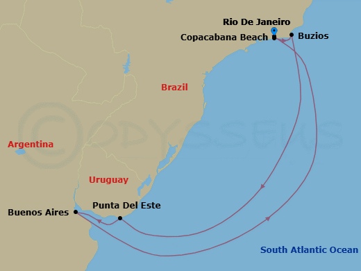 8 Night - South America - MSC Splendida - Starting in Rio De Janeiro, Brazil, Copacabana (Rio de Janeiro), Brazil, Buzios, Brazil, Punta Del Este, Buenos Aires, Argentina, Rio De Janeiro, Brazil itinerary map
