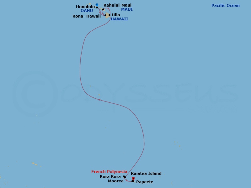 15 Night - O'ahu Explorer Hyatt Waikiki Ocean View Cruisetour - Norwegian Spirit Tours - Starting in At Hotel, Honolulu, Hi, Kona, Hi, Kahului, Maui, Hi, Hilo, Hi, Raiatea, French Polynesia, Bora Bora, French Polynesia, Moorea, French Polynesia, Papeete, French Polynesia itinerary map