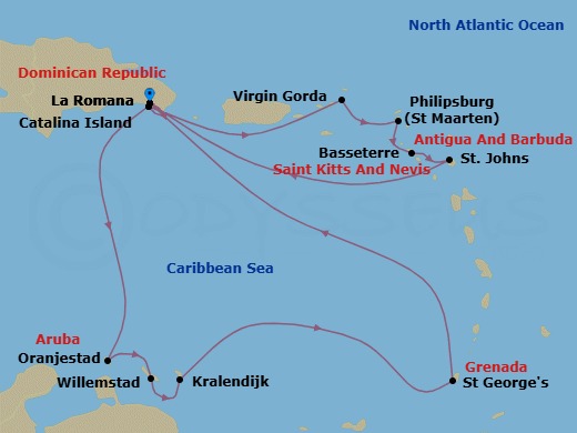 14 Night - South Caribbean - MSC Opera - Starting in La Romana, Dominican Republic, Catalina Island, Dominican Republic, Oranjestad, Aruba, Willemstad AN, Kralendijk, Bonaire, Saint Georges, Grenada, La Romana, Dominican Republic, Catalina Island, Dominican Republic, Virgin Gorda, British Virgin Islands, Philipsburg, St Maarten, Basseterre, Sao Cristovao, Nevis, St Johns AG, Antigua, La Romana, Dominican Republic itinerary map