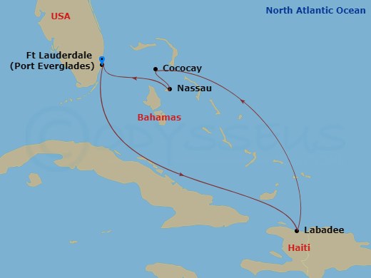 6 Night - Perfect Day Cococay & East Carib - Explorer of the Seas - Starting in Fort Lauderdale, Florida, Labadee, Haiti, Perfect Day Cococay, Bahamas, Nassau, Bahamas, Fort Lauderdale, Florida itinerary map