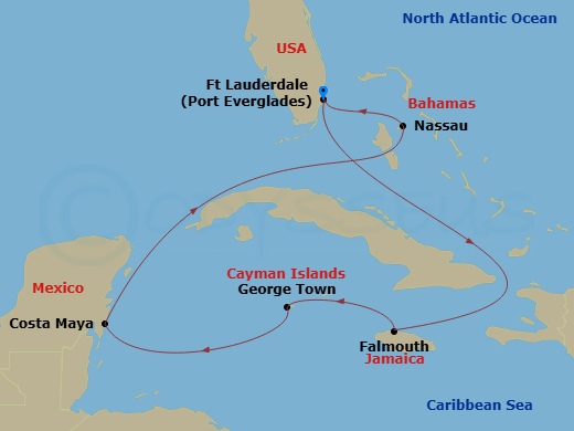 8 Night - Western Caribbean Holiday - Explorer of the Seas - Starting in Fort Lauderdale, Florida, Falmouth, Jamaica, George Town, Grand Cayman, Puerto Costa Maya, Mexico, Nassau, Bahamas, Fort Lauderdale, Florida itinerary map