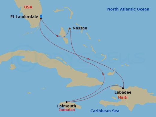 6 Night - Western Caribbean Cruise - Explorer of the Seas - Starting in Fort Lauderdale, Florida, Labadee, Haiti, Falmouth, Jamaica, Nassau, Bahamas, Fort Lauderdale, Florida itinerary map