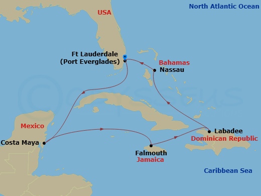 8 Night - Western Caribbean Cruise - Explorer of the Seas - Starting in Fort Lauderdale, Florida, Puerto Costa Maya, Mexico, Falmouth, Jamaica, Labadee, Haiti, Nassau, Bahamas, Fort Lauderdale, Florida itinerary map