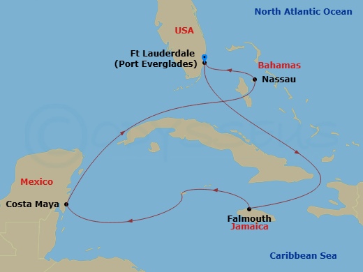 7 Night - Western Caribbean Holiday - Explorer of the Seas - Starting in Fort Lauderdale, Florida, Nassau, Bahamas, Falmouth, Jamaica, Puerto Costa Maya, Mexico, Fort Lauderdale, Florida itinerary map