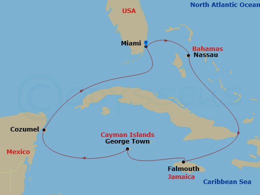 7 Night - Western Caribbean Cruise - Independence of the Seas - Starting in Miami, Florida, Nassau, Bahamas, Falmouth, Jamaica, George Town, Grand Cayman, Cozumel, Mexico, Miami, Florida itinerary map