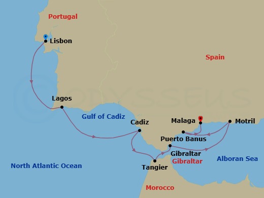 7 Night - Cruise from Lisbon to Malaga - SeaDream II - Starting in Lisbon, Lagos, Cadiz, Tangier, Gibraltar, Motril, Puerto Banus, Malaga itinerary map