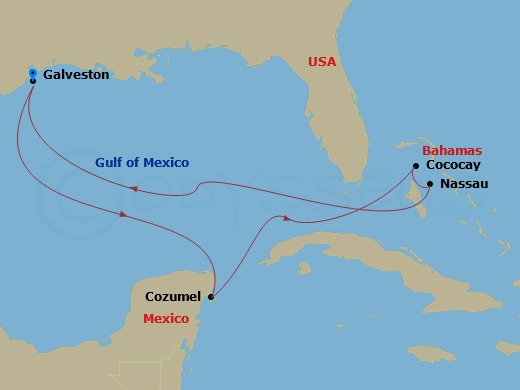 8 Night - Perfect Day Cococay & West Carib - Symphony of the Seas - Starting in Galveston, Texas, Cozumel, Mexico, Perfect Day Cococay, Bahamas, Nassau, Bahamas, Galveston, Texas itinerary map