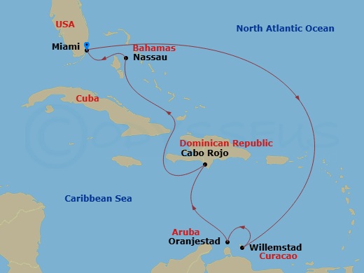 8 Night - Southern Caribbean - Independence of the Seas - Starting in Miami, Florida, Willemstad AN, Curacao, Oranjestad, Aruba, Cabo Rojo, Dominican Republic, Nassau, Bahamas, Miami, Florida itinerary map