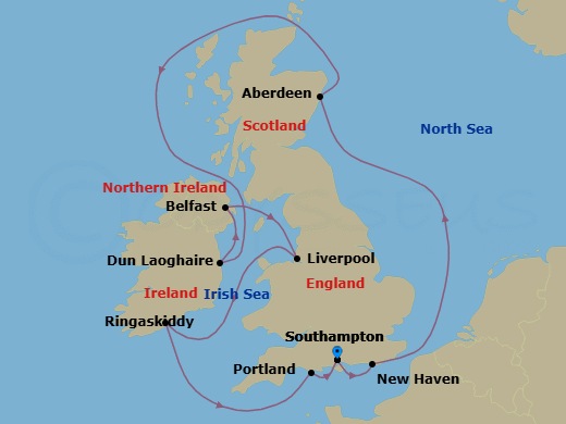 13 Night - Tower of London & Garden of England Pre Cruisetour - Norwegian Star Tours - Starting in At Hotel, London (Southampton), United Kingdom, Edinburgh (Newhaven), Scotland, United Kingdom, Aberdeen, United Kingdom, Dublin / Dun Laoghaire, Ireland, Belfast, Northern Ireland, United Kingdom, Liverpool, England, United Kingdom, Ringaskiddy / Cork, Ireland, Portland UK, London (Southampton), United Kingdom itinerary map