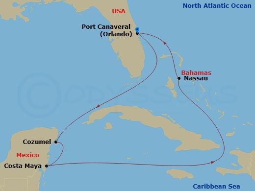7 Night - Western Caribbean - Harmony of the Seas - Starting in Orlando (Port Canaveral), Fl, Cozumel, Mexico, Puerto Costa Maya, Mexico, Nassau, Bahamas, Orlando (Port Canaveral), Fl itinerary map