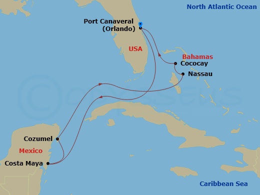 7 Night - Perfect Day Cococay & West Carib - Harmony of the Seas - Starting in Orlando (Port Canaveral), Fl, Puerto Costa Maya, Mexico, Cozumel, Mexico, Nassau, Bahamas, Perfect Day Cococay, Bahamas, Orlando (Port Canaveral), Fl itinerary map