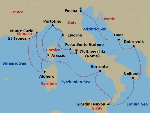 15 Night - Cruise from Fusina to Rome (Civitavecchia) - Silver Ray - Starting in Fusina, Hvar, Dubrovnik, Croatia, Gallipoli, Giardini Naxos, Sorrento, Monte Carlo, Saint Tropez, Alghero, Ajaccio, Portofino, Livorno, Porto Santo Stefano, Civitavecchia itinerary map