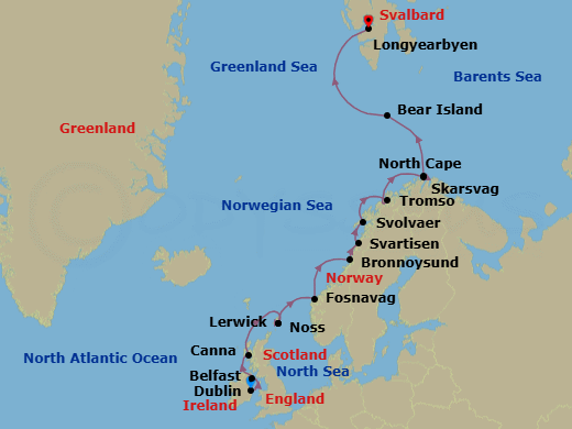 18 Night - Dublin to Longyearbyen - Silver Endeavour - Starting in Dublin, Belfast, Isle of Canna, Scotland, Lerwick, Shetland Islands, Scotland, Noss, Scotland, Fosnavag, Bronnoysund, Svartisen Glacier, Holandsfjorden, Svolvaer, Tromso, Skarsvag (Nordkapp), Cruising Along North Cape, Bear Island, Svalbard, Svalbard Southern Region, Svalbard Northern Region, Longyearbyen itinerary map