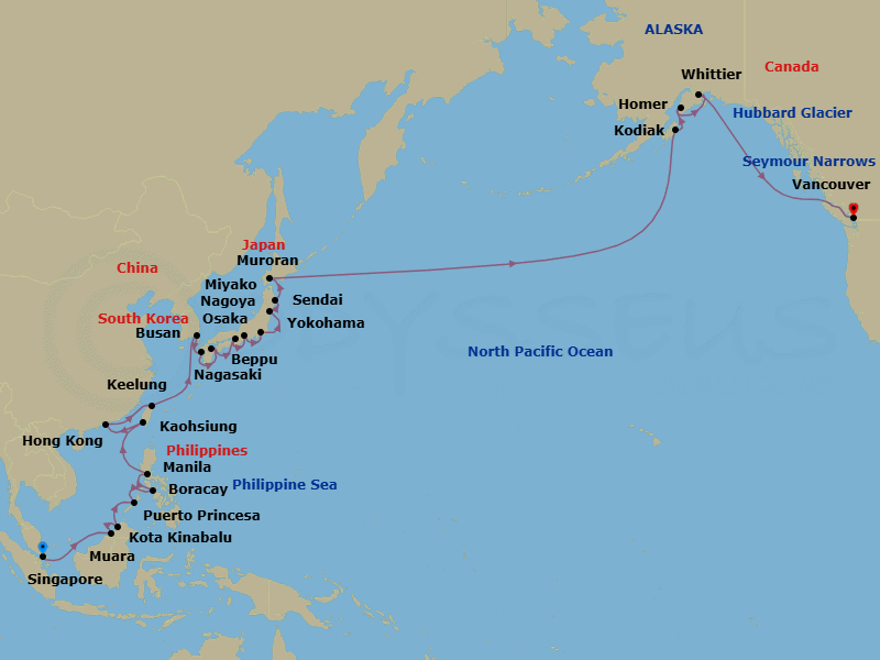 38 Night - Asia to Alaska Majesty - Oceania Riviera - Starting in Singapore, Muara, Kota Kinabalu (Borneo), Puerto Princesa, Boracay Island, Manila, Kaohsiung, Hong Kong, Taipei (Keelung), Busan, Nagasaki, Beppu, Osaka, Nagoya, Tokyo (Yokohama), Sendai, Miyako, Muroran (Hokkaido), Intl Date Line East, Kodiak, Homer, Anchorage (Whittier), Cruising Hubbard Glacier, Cruising the Seymour Narrows, Vancouver itinerary map