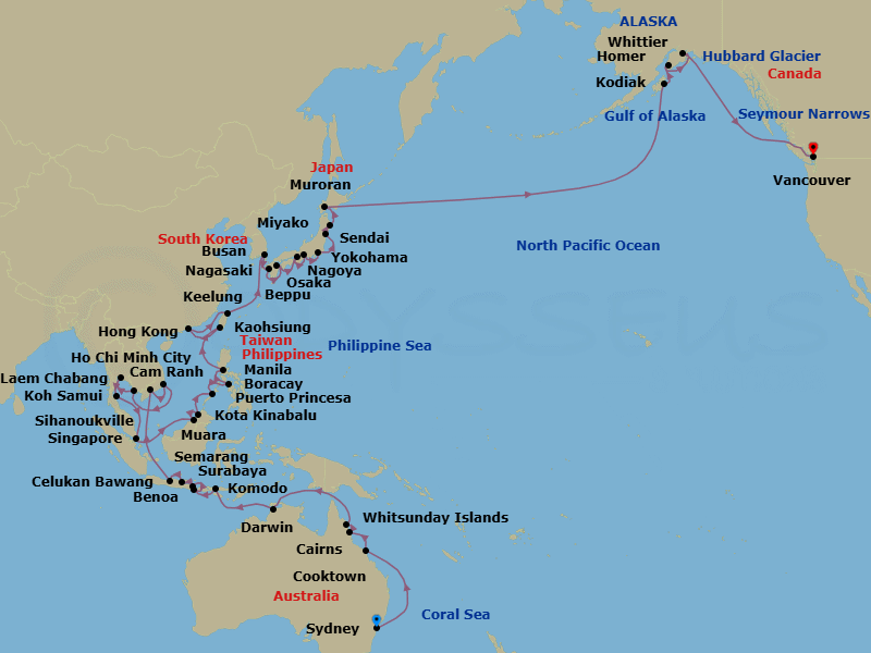 67 Night - Epic Reefs to Icy Glaciers - Oceania Riviera - Starting in Sydney AU, Whitsunday Island (Airlie Beach), Cairns, Cooktown, Darwin, Komodo, Bali (Benoa), Bali (Celukan Bawang), Surabaya, Semarang (Java), Saigon (Ho Chi Minh City), Cam Ranh, Sihanoukville, Laem Chabang, Ko Samui, Singapore, Muara, Kota Kinabalu (Borneo), Puerto Princesa, Boracay Island, Manila, Kaohsiung, Hong Kong, Taipei (Keelung), Busan, Nagasaki, Beppu, Osaka, Nagoya, Tokyo (Yokohama), Sendai, Miyako, Muroran (Hokkaido), Intl Date Line East, Kodiak, Homer, Anchorage (Whittier), Cruising Hubbard Glacier, Cruising the Seymour Narrows, Vancouver itinerary map