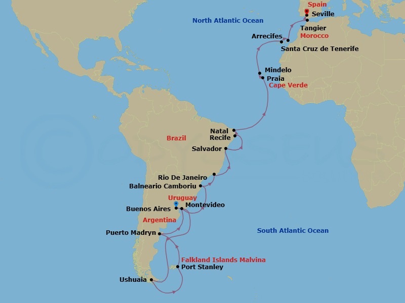 36 Night - Falklands, South America, Cana - Tour N19 - Seabourn Venture Tours - Starting in Buenos Aires, Argentina, Ushuaia, Argentina, The Falkland Islands, Port Stanley, Falkland Islands, The Falkland Islands, Puerto Madryn, Argentina, Montevideo, Uruguay, Camboriu, Brazil, Rio De Janeiro, Brazil, Salvador da Bahia, Brazil, Recife, Brazil, Natal, Brazil, Praia, Ilha de Santiago, Cape Verde, Mindelo, Cape Verde, Santa Cruz de Tenerife, Arrecife, Lanzarote, Canary Islands, Spain, Tangier, Morocco, Seville, Spain itinerary map