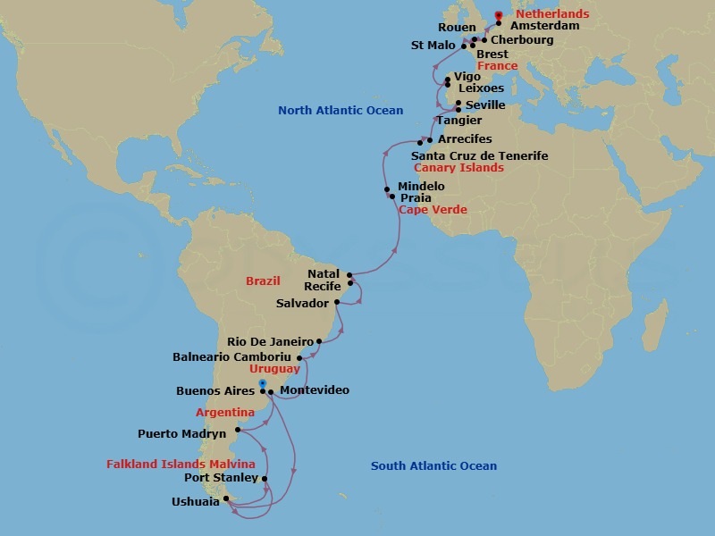66 Night - From the Scotia Arc to Storied - Tour N17 - Seabourn Venture Tours - Starting in Buenos Aires, Argentina, Ushuaia, Argentina, Antarctica, South Georgia, Port Stanley, Falkland Islands, The Falkland Islands, Ushuaia, Argentina, The Falkland Islands, Port Stanley, Falkland Islands, The Falkland Islands, Puerto Madryn, Argentina, Montevideo, Uruguay, Camboriu, Brazil, Rio De Janeiro, Brazil, Salvador da Bahia, Brazil, Recife, Brazil, Natal, Brazil, Praia, Ilha de Santiago, Cape Verde, Mindelo, Cape Verde, Santa Cruz de Tenerife, Arrecife, Lanzarote, Canary Islands, Spain, Tangier, Morocco, Seville, Spain, Leixoes (Porto), Portugal, Vigo, Spain, Brest, France, St Malo (Le Mont Saint Michel), France, Cherbourg (Normandy), France, Rouen (Paris), France, Scenic Cruising Seine River, Amsterdam, the Netherlands itinerary map