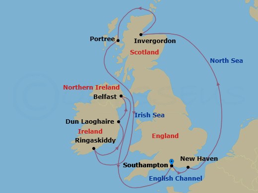 10 Night - Europe - British Isles - Norwegian Star - Starting in London (Southampton), United Kingdom, Edinburgh (Newhaven), Scotland, United Kingdom, Invergordon (Inverness), United Kingdom, Portree, Scotland, United Kingdom, Ringaskiddy / Cork, Ireland, Dublin / Dun Laoghaire, Ireland, Belfast, Northern Ireland, United Kingdom, London (Southampton), United Kingdom itinerary map