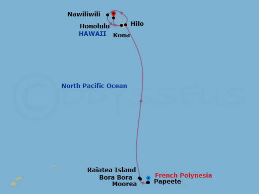 12 Night - South Pacific - Norwegian Spirit - Starting in Papeete, French Polynesia, Moorea, French Polynesia, Bora Bora, French Polynesia, Raiatea, French Polynesia, Hilo, Hi, Nawiliwili, Kauai, Hawaii, Kona, Hi, Honolulu, Hi itinerary map