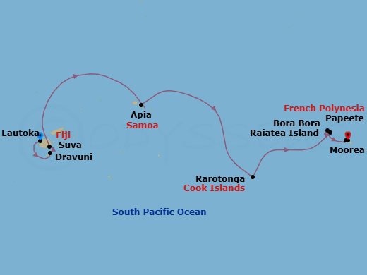 12 Night - South Pacific - Norwegian Spirit - Starting in Lautoka, Fiji, Dravuni, Fiji, Suva, Fiji, Apia, Samoa, Cross International Dateline, at Sea, Rarotonga, Cook Islands, Raiatea, French Polynesia, Bora Bora, French Polynesia, Moorea, French Polynesia, Papeete, French Polynesia itinerary map
