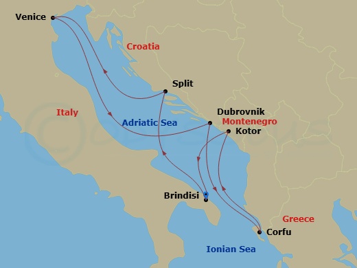 7 Night - Mediterranean - MSC Armonia - Starting in Brindisi (Lecce), Italy, Split, Croatia, Venice / Marghera, Italy, Dubrovnik, Croatia, Corfu, Greece, Kotor, Montenegro, Brindisi (Lecce), Italy itinerary map