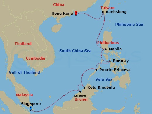 11 Night - Palms & Pagodas - Oceania Riviera - Starting in Singapore, Muara, Kota Kinabalu (Borneo), Puerto Princesa, Boracay Island, Manila, Kaohsiung, Hong Kong itinerary map