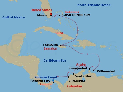 10 Night - Panama & Pristine Isles - Oceania Marina - Starting in Panama City, Panama Canal Daylight Transit, Cartagena CO, Santa Marta, Oranjestad, Willemstad AN, Falmouth (Cornwall), Great Stirrup Cay, Miami itinerary map