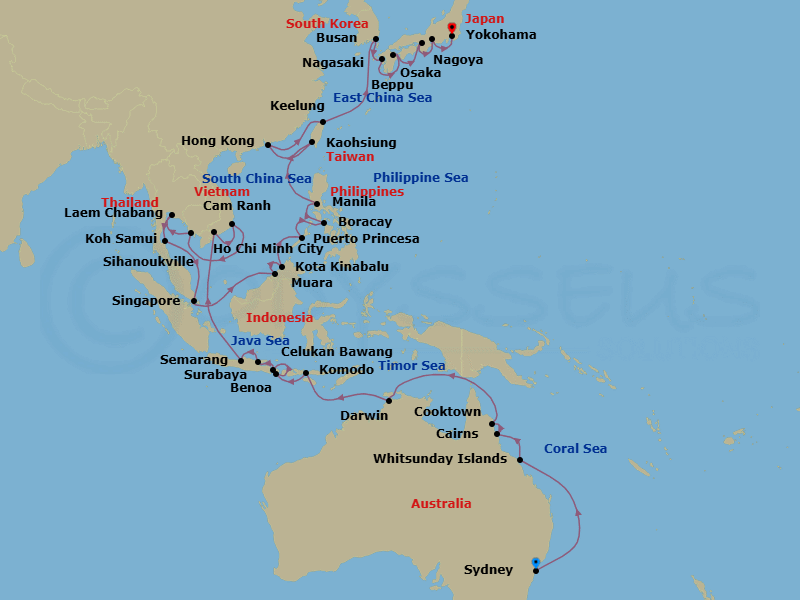 51 Night - Oceania & Asian Empires - Oceania Riviera - Starting in Sydney AU, Whitsunday Island (Airlie Beach), Cairns, Cooktown, Darwin, Komodo, Bali (Benoa), Bali (Celukan Bawang), Surabaya, Semarang (Java), Saigon (Ho Chi Minh City), Cam Ranh, Sihanoukville, Laem Chabang, Ko Samui, Singapore, Muara, Kota Kinabalu (Borneo), Puerto Princesa, Boracay Island, Manila, Kaohsiung, Hong Kong, Taipei (Keelung), Busan, Nagasaki, Beppu, Osaka, Nagoya, Tokyo (Yokohama) itinerary map