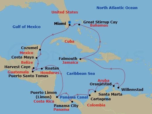 20 Night - Panama Canal Navigator - Oceania Marina - Starting in Miami, Cozumel, Mexico, Costa Maya, Mexico, Harvest Caye, Santo Tomas, Roatan, Puerto Limon, Panama Canal Daylight Transit, Panama City, Panama Canal Daylight Transit, Cartagena CO, Santa Marta, Oranjestad, Willemstad AN, Falmouth (Cornwall), Great Stirrup Cay, Miami itinerary map