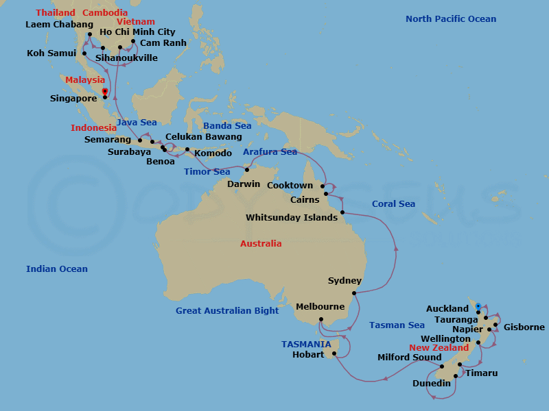 43 Night - New Zealand to Asia Medley - Oceania Riviera - Starting in Auckland, Rotorua (Tauranga), Gisborne, Napier, Wellington, Timaru, Dunedin, Cruising the Fjords of Milford Sound, Hobart (Tasmania), Melbourne, Sydney AU, Whitsunday Island (Airlie Beach), Cairns, Cooktown, Darwin, Komodo, Bali (Benoa), Bali (Celukan Bawang), Surabaya, Semarang (Java), Saigon (Ho Chi Minh City), Cam Ranh, Sihanoukville, Laem Chabang, Ko Samui, Singapore itinerary map