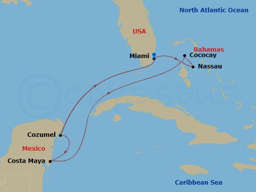 7 Night - Western Caribbean & Perfect Day - Independence of the Seas - Starting in Miami, Florida, Nassau, Bahamas, Perfect Day Cococay, Bahamas, Puerto Costa Maya, Mexico, Cozumel, Mexico, Miami, Florida itinerary map